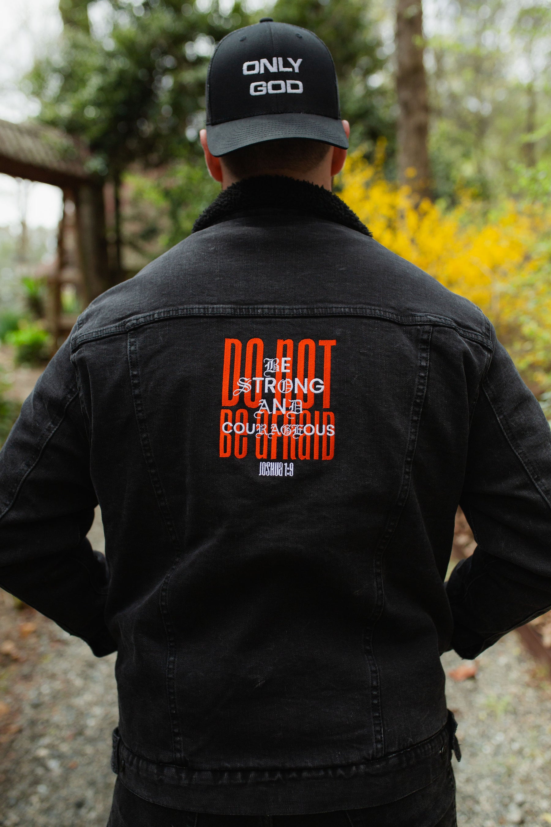 JOSHUA 1:9 I PREMIUM DENIM SHERPA BOMBER JACKET