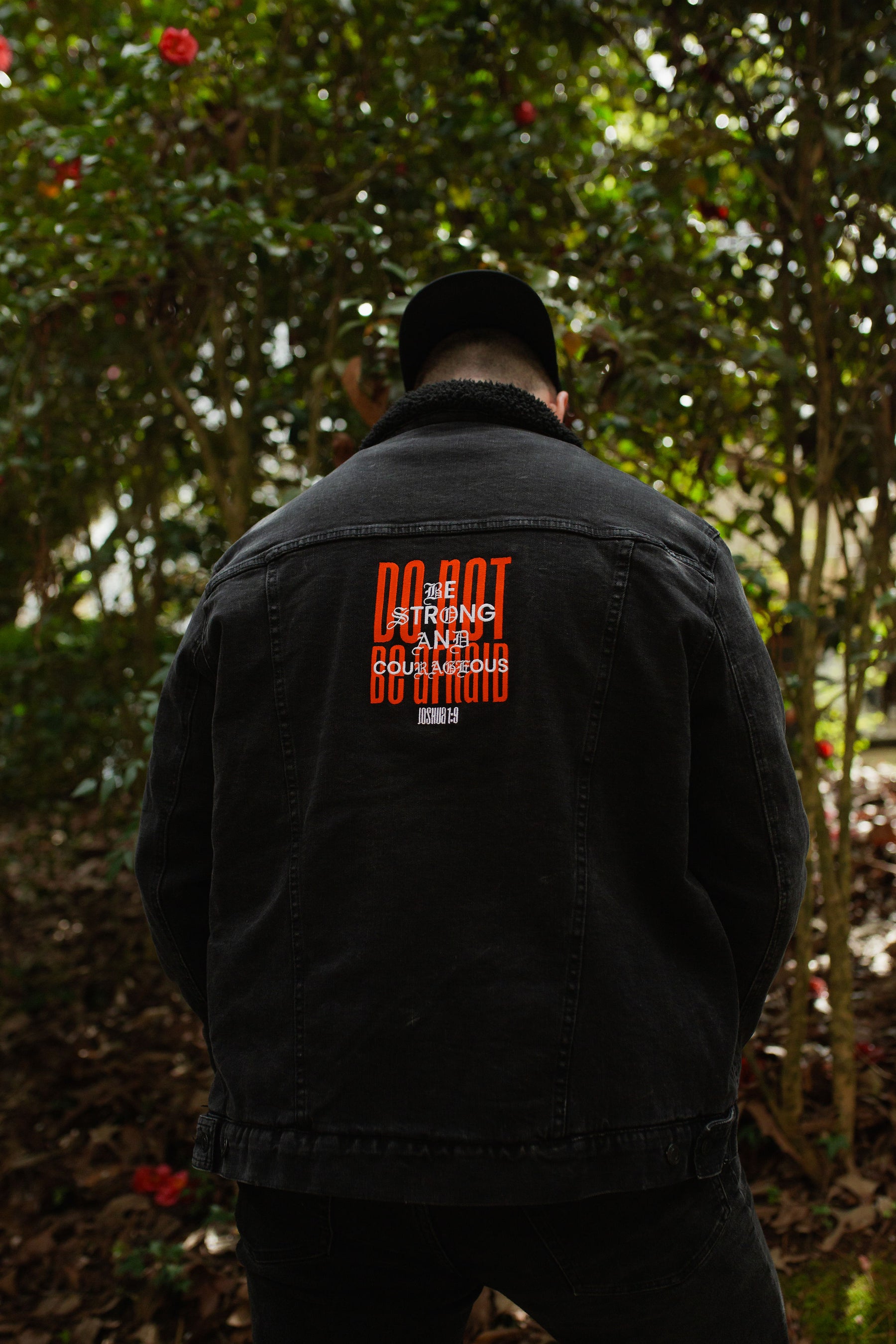 JOSHUA 1:9 I PREMIUM DENIM SHERPA BOMBER JACKET