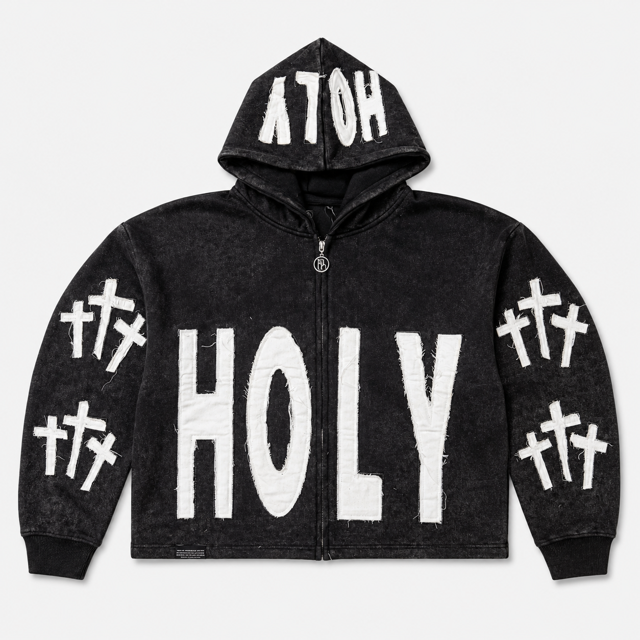 DISTRESSED HOLY THREE CROSSES ZIP HOODIE