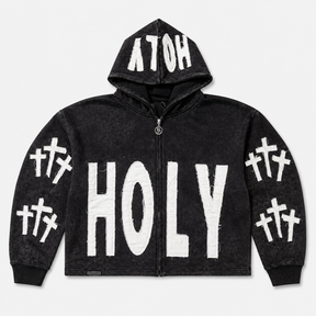 DISTRESSED HOLY THREE CROSSES ZIP HOODIE