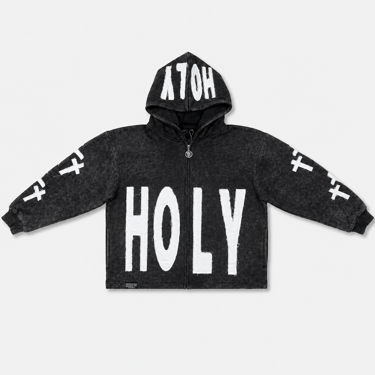 DISTRESSED HOLY THREE CROSSES ZIP HOODIE