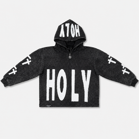 DISTRESSED HOLY THREE CROSSES ZIP HOODIE