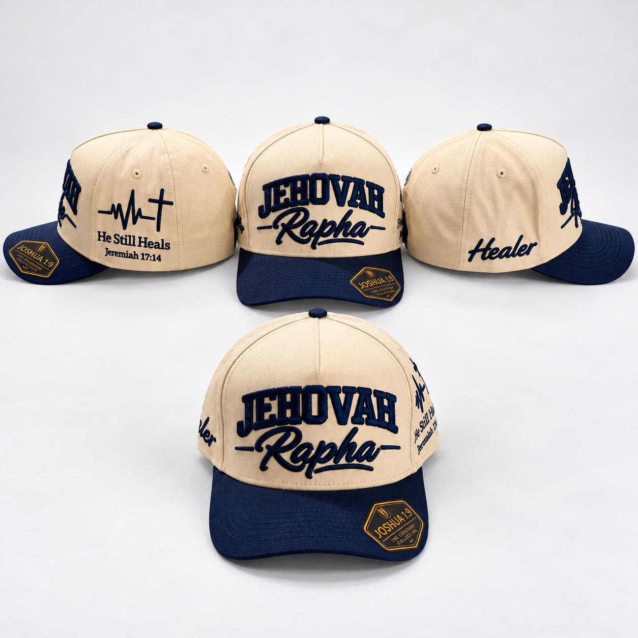 JEHOVAH RAPHA Puff Embroidered Snapback Cap | Navy Blue / Cream