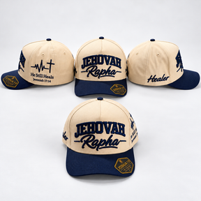 JEHOVAH RAPHA Puff Embroidered Snapback Cap | Navy Blue / Cream