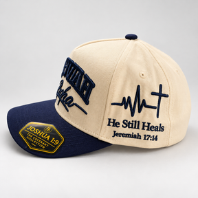 JEHOVAH RAPHA Puff Embroidered Snapback Cap | Navy Blue / Cream