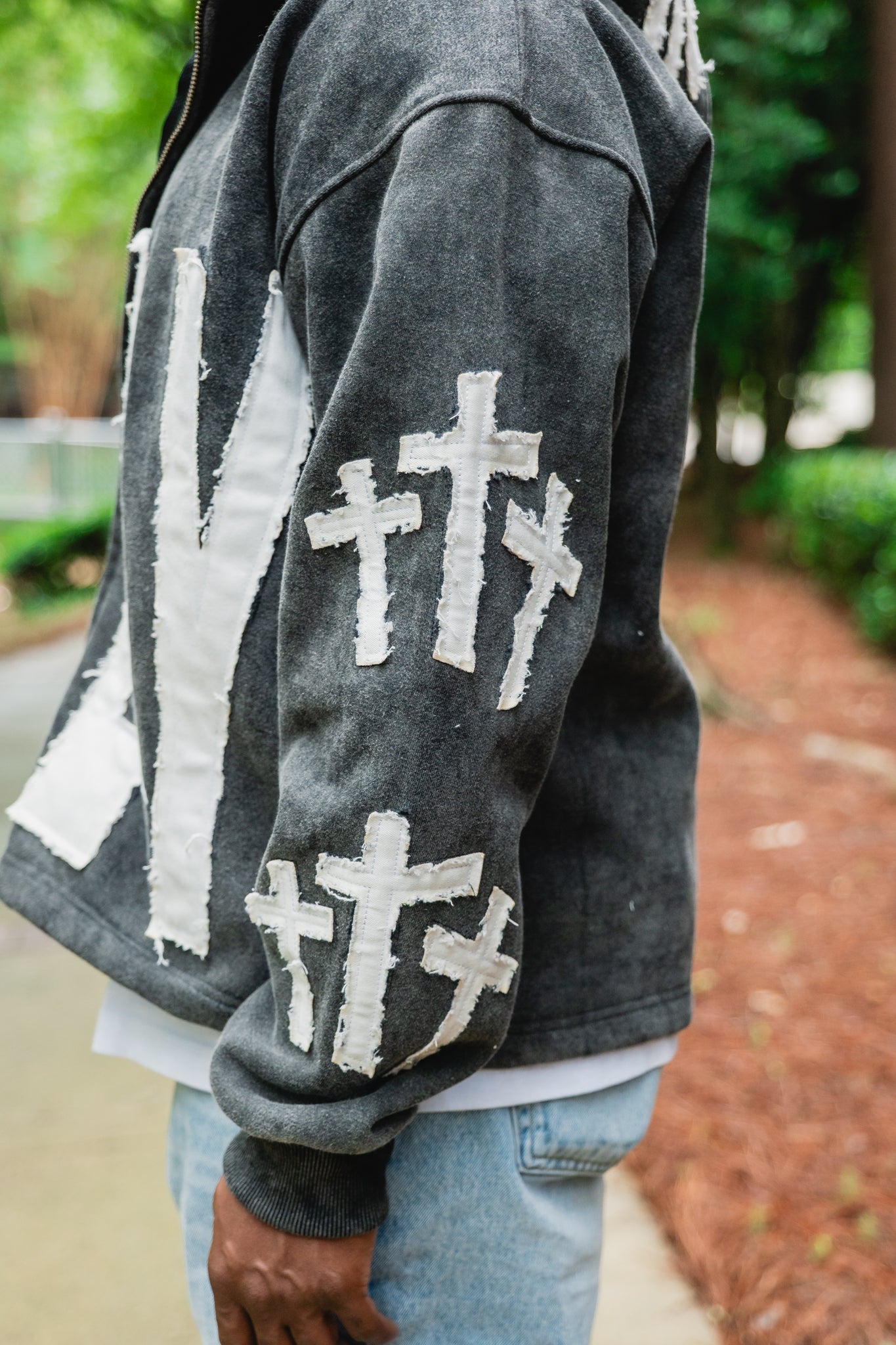 DISTRESSED HOLY THREE CROSSES ZIP HOODIE
